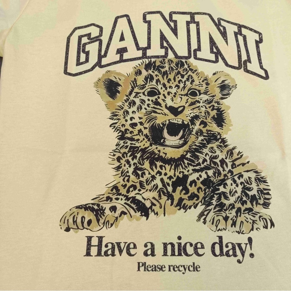 Ganni Yellow Tee with Black Trim and Leopard Graphic - Have a Nice Day - Picture 5 of 5